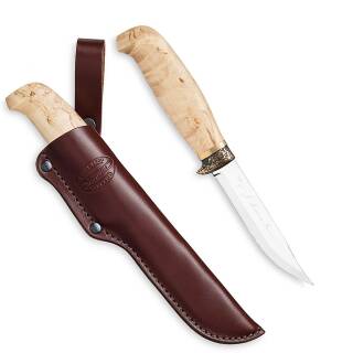 Marttiini Lynx 134 Messer mit rostfreier Klinge, Maserbirkengriff, Lederscheide