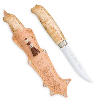 Marttiini Lynx 132 Messer mit Edelstahlklinge, Maserbirkengriff und Lederscheide