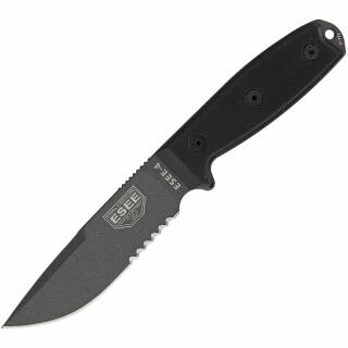 ESEE Model 4, Messer mit 1095HC Klinge, Sägezahnung, schwarzer Griff, Scheide