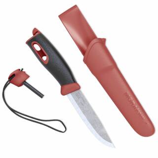 Morakniv Companion Spark in rot mit Edelstahlklinge, Feuerstarter, Paracord