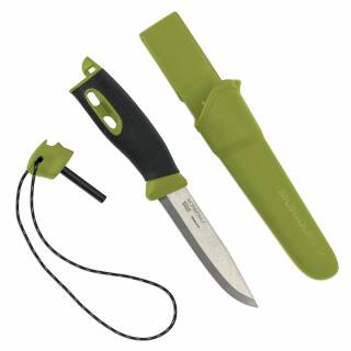 Morakniv Companion Spark in grün mit Edelstahlklinge, Feuerstarter, Paracord