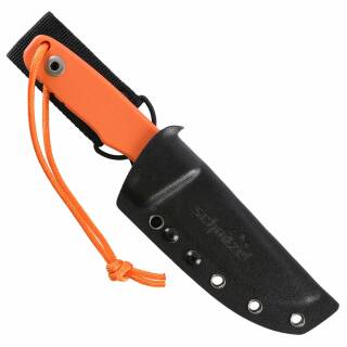 Schnitzel TRI Messer mit FullTang Klinge, G-10 Griff in orange, Kydexscheide