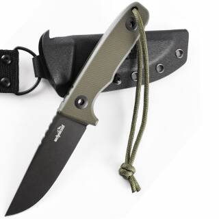 Schnitzel TRI Messer mit FullTang Klinge, G-10 Griff in olive, Kydexscheide