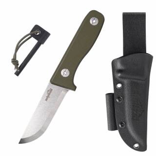 Schnitzel DU, Messer mit G-10 Griff in olive, Kydexscheide und Feuerstarter