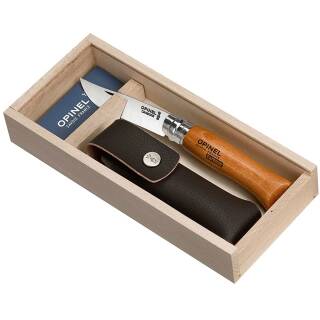 Opinel No 8 - Taschenmesser mit Carbonstahllklinge und schwarzen Etui, Holzbox