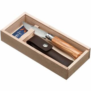 Opinel No 8 Taschenmesser mit Olivenholzgriff und braunem Etui in der Holzbox