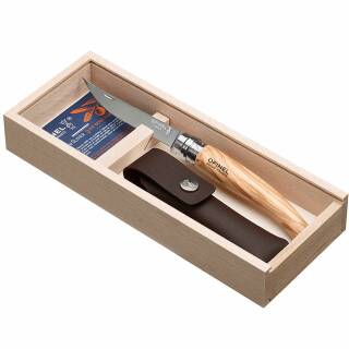 Opinel No 10 Slim Line - Taschenmesser mit Olivenholzgriff und Etui, Holzbox